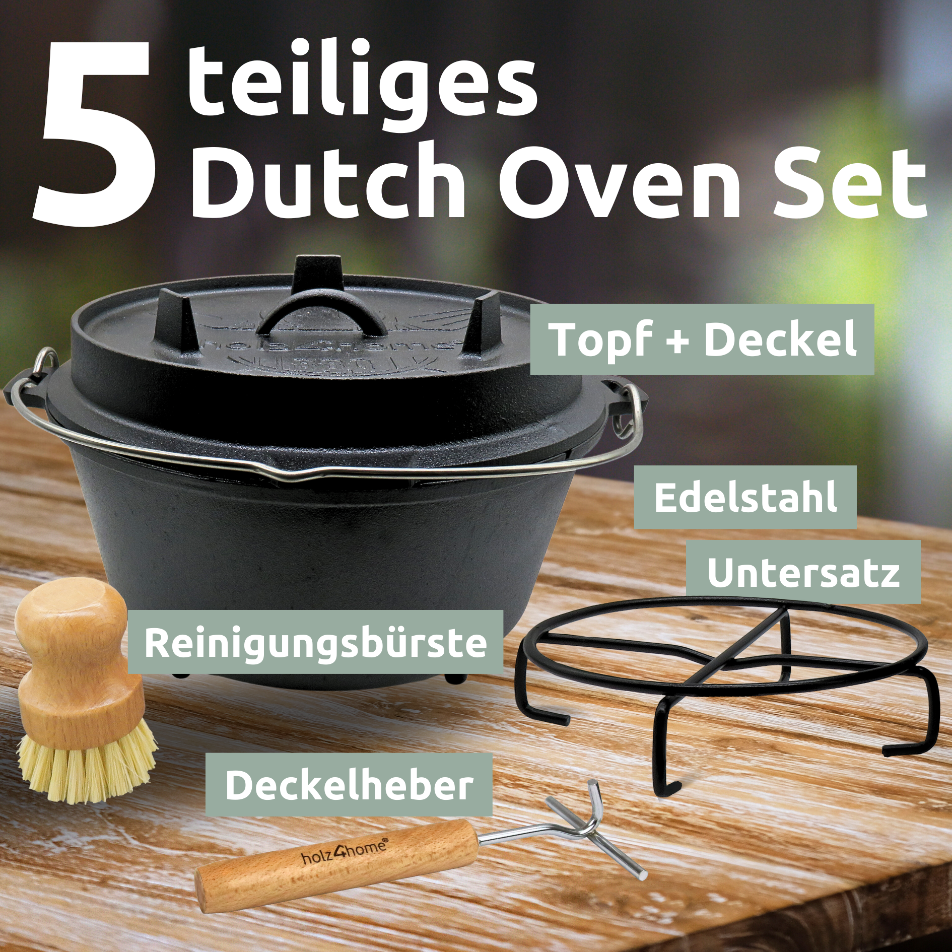 Dutch Oven I eingebrannter Feuertopf aus Gusseisen I inkl. Deckelheber, Topfständer und Reinigungsbürste