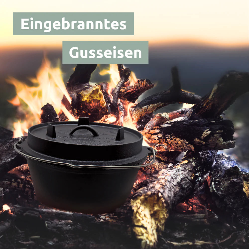 Dutch Oven Set 6-teilig I eingebrannter Feuertopf 9L aus Gusseisen I inkl. Pfanne, Topfständer, Deckelheber und Reinigungsbürste
