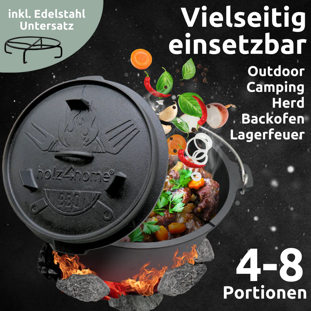 Dutch Oven Set 6-teilig I eingebrannter Feuertopf 9L aus Gusseisen I inkl. Pfanne, Topfständer, Deckelheber und Reinigungsbürste