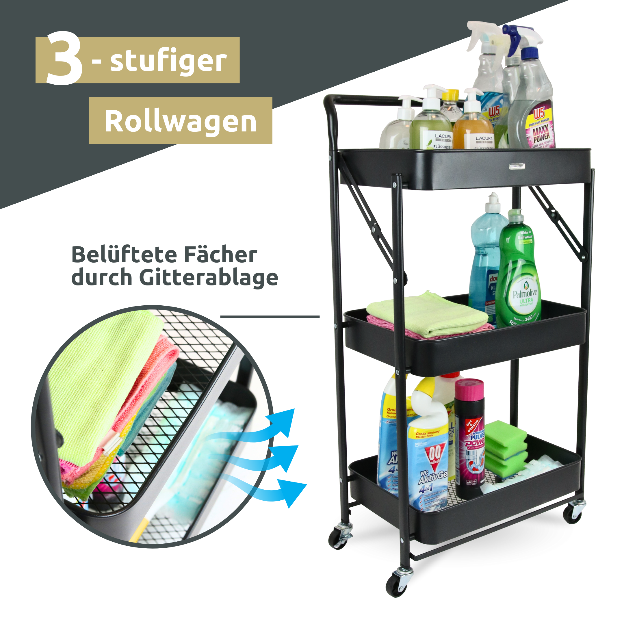 Klappbarer Rollwagen mit 3 Ebenen