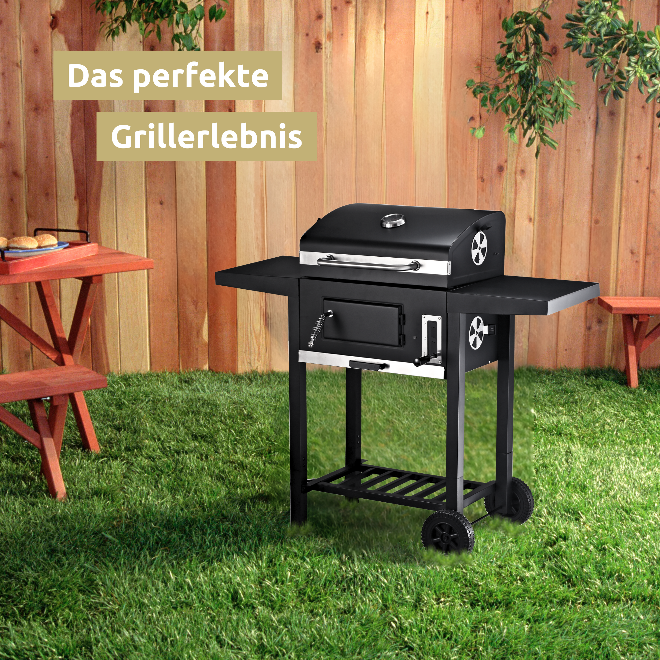 Holzkohlegrill mit Deckel. - Grillwagen I 2 Ablagen, Thermometer uvm.