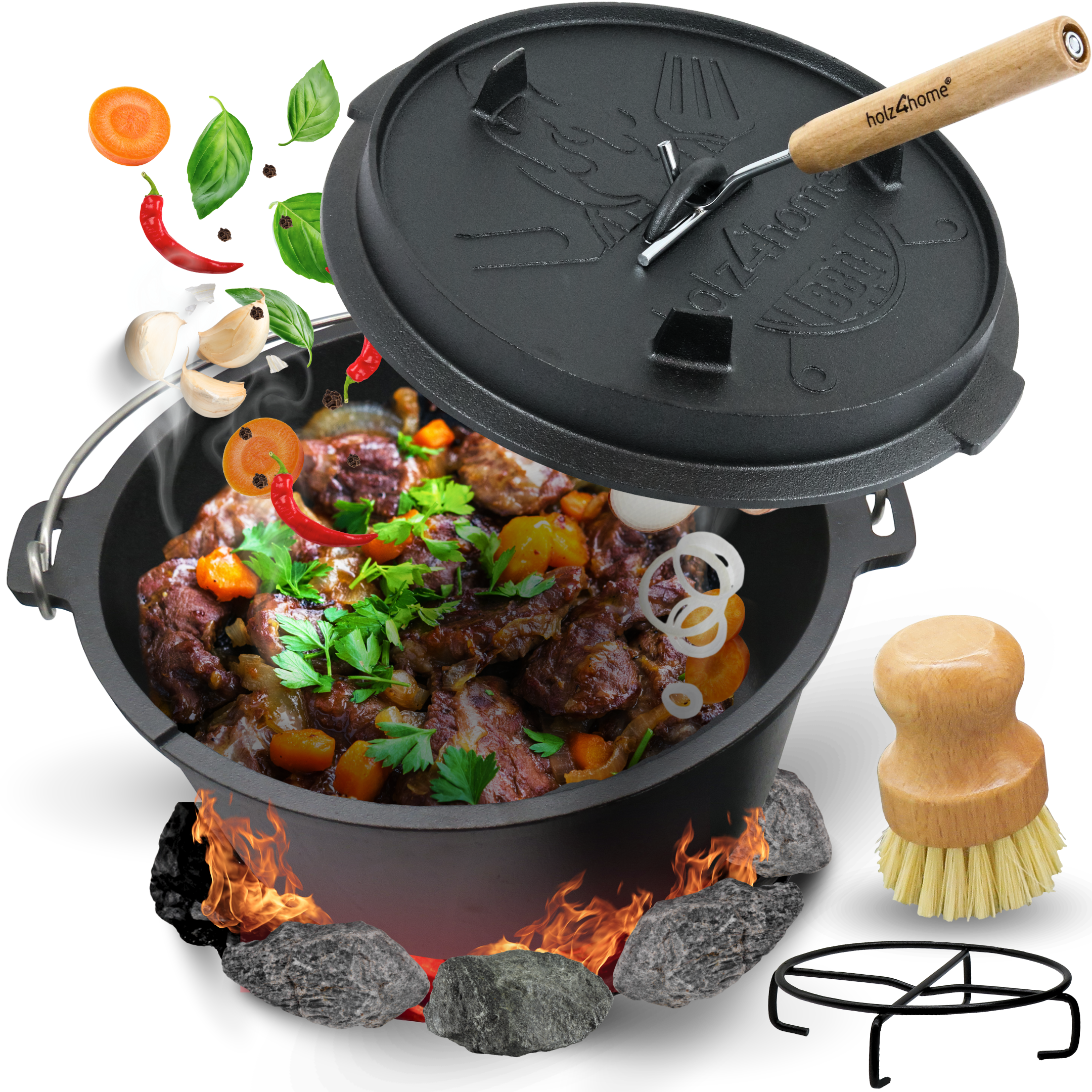 Dutch Oven I eingebrannter Feuertopf aus Gusseisen I inkl. Deckelheber, Topfständer und Reinigungsbürste
