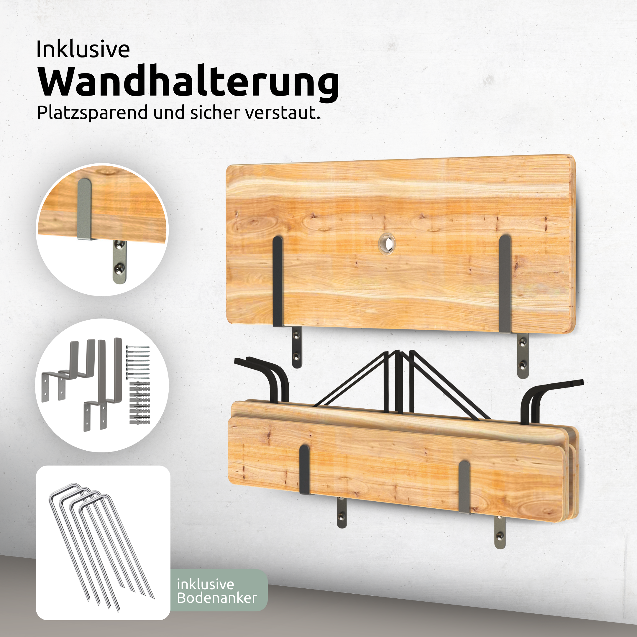 Bierzeltgarnitur - mehrteilig & klappbar inkl. Wandhalterung