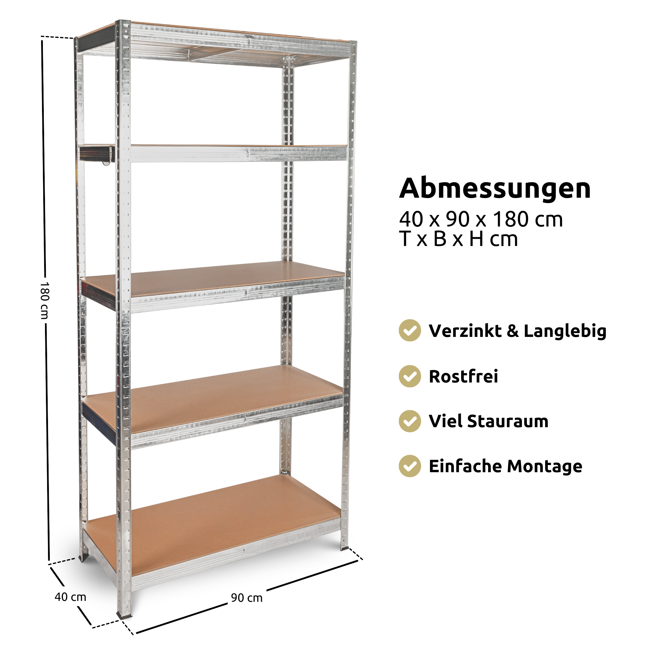 Schwerlastregal 90x40x180cm I belastbar bis 875kg I 5 Ablagen + Haken