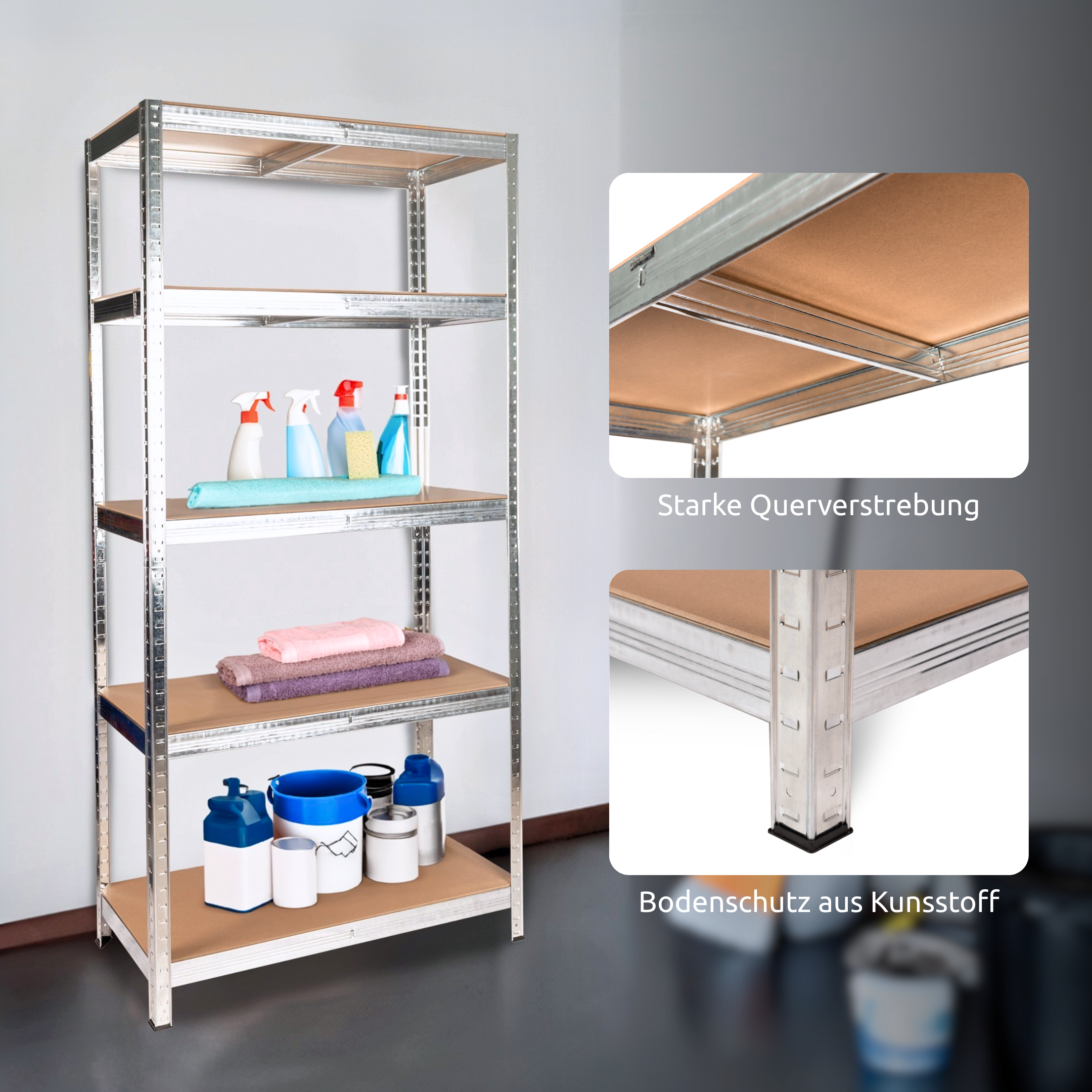 Schwerlastregal 90x40x180cm I belastbar bis 875kg I 5 Ablagen + Haken