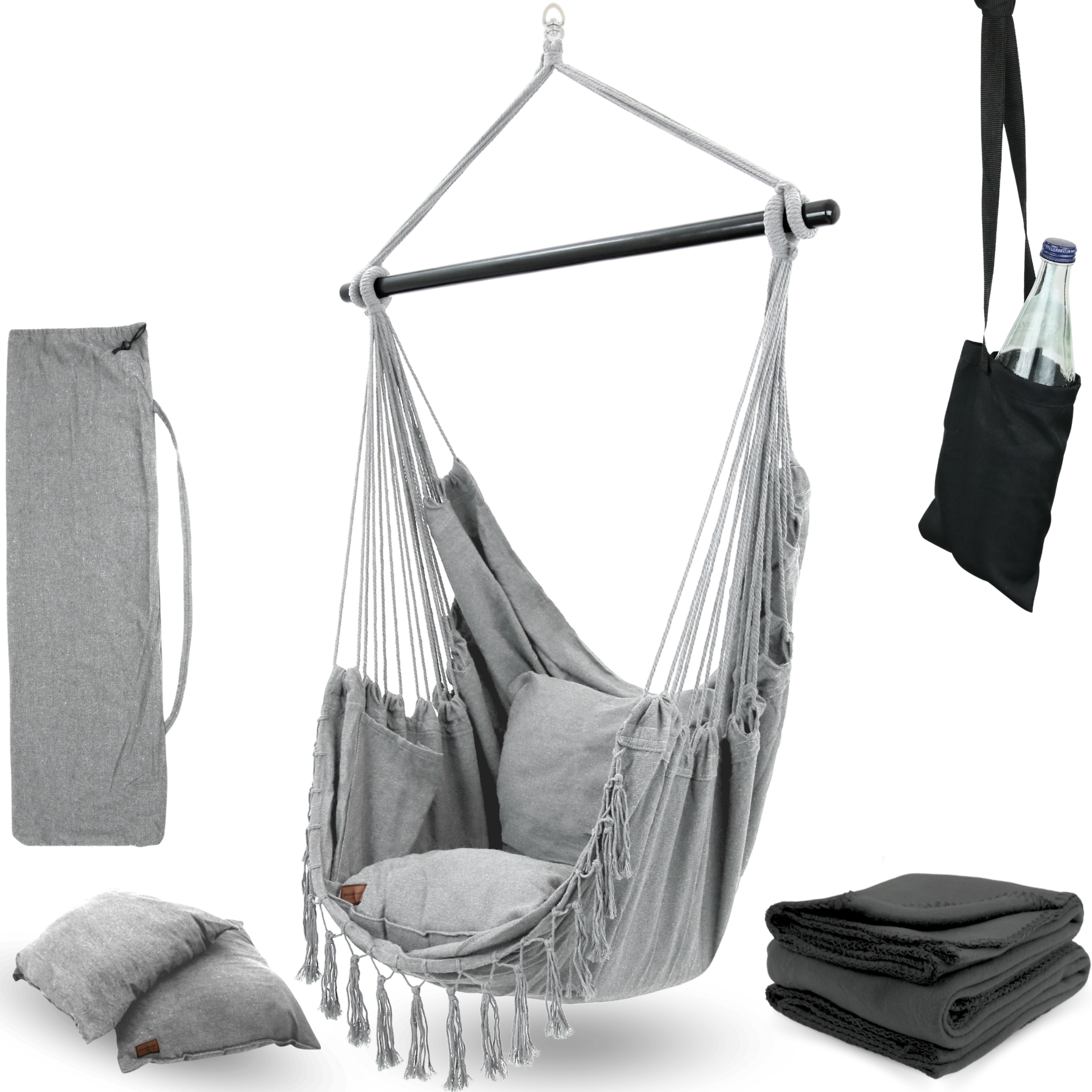 Hängesessel mit 2 Kissen, Bücherfach und Kuscheldecke