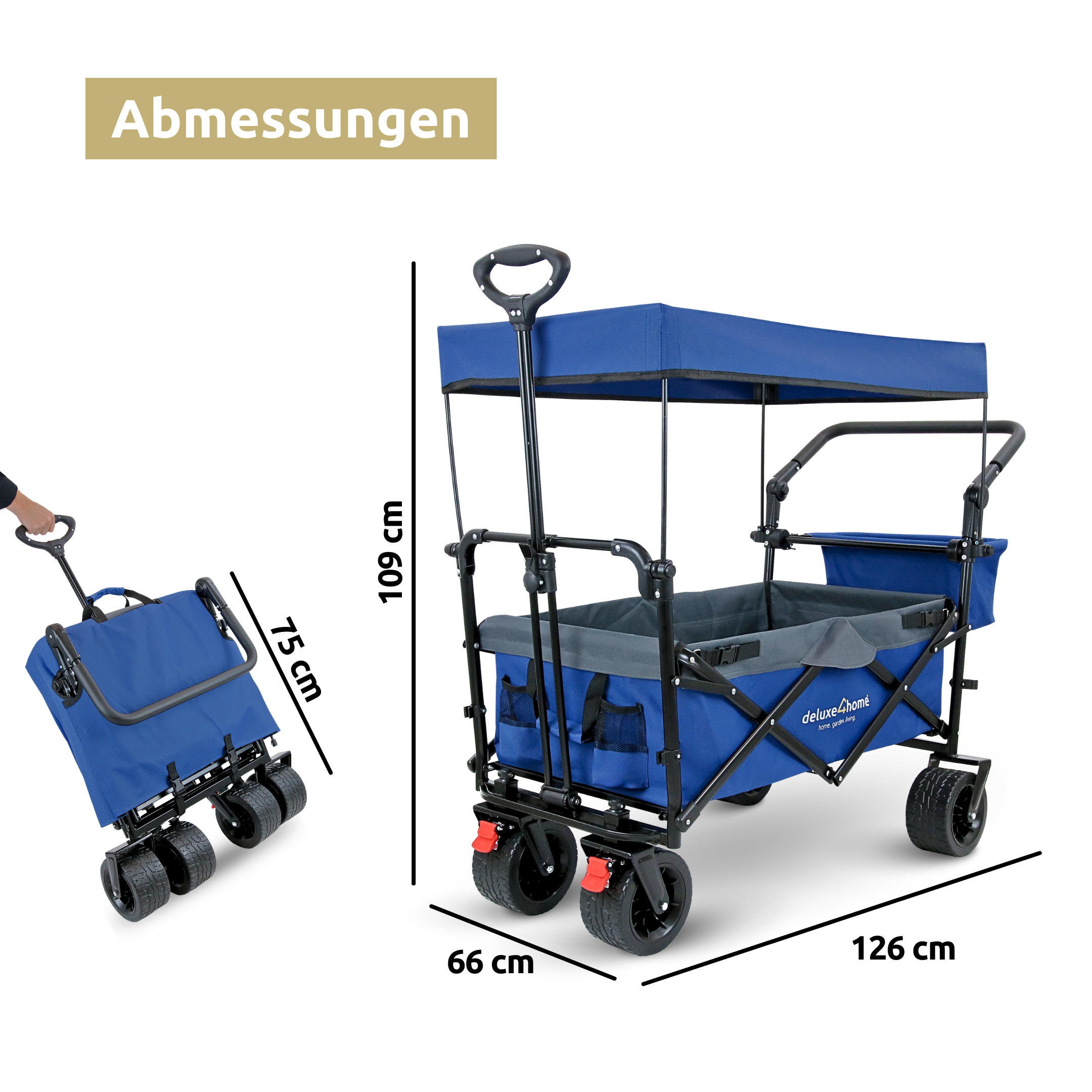 Bollerwagen faltbar mit Dach I Extra Breite Reifen