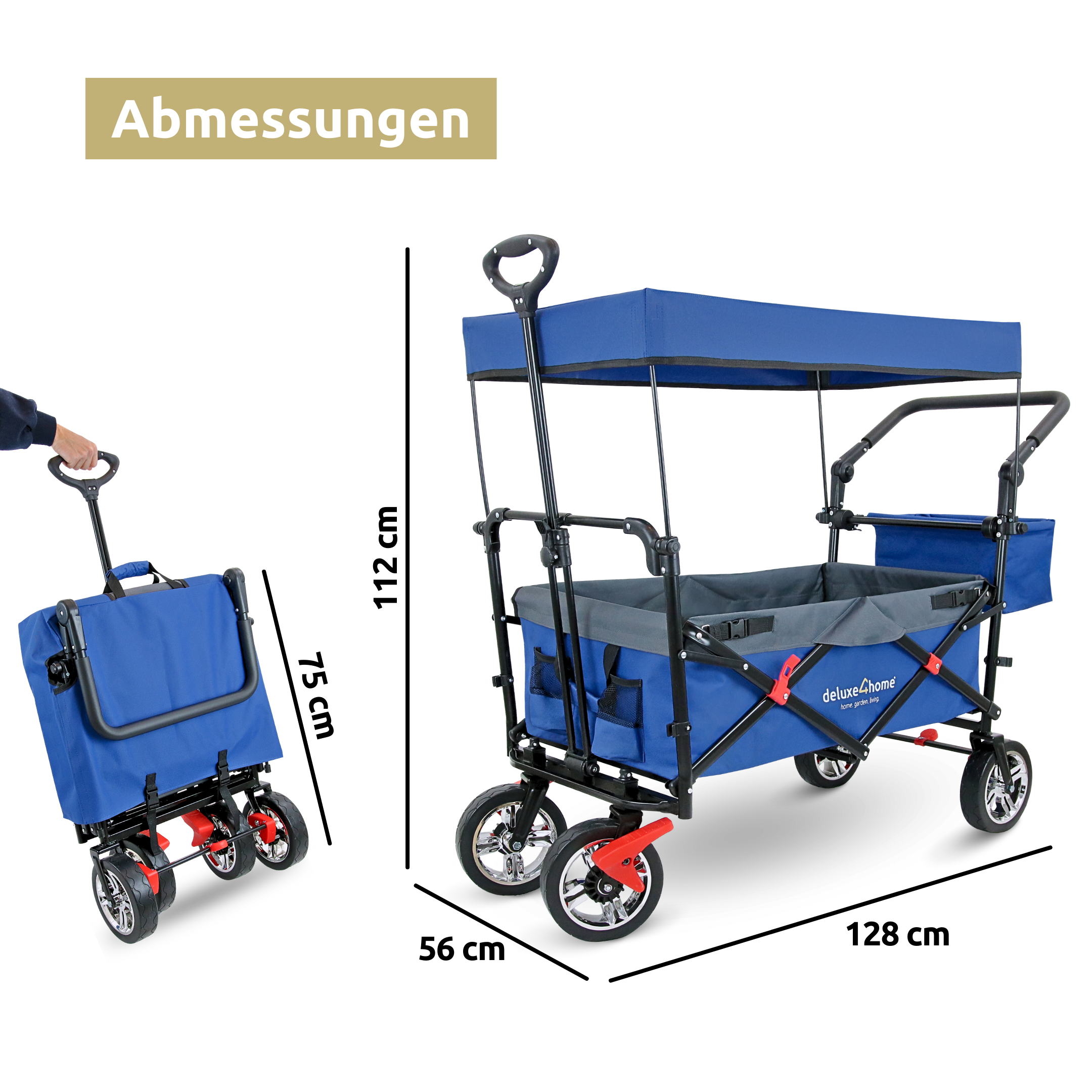 Der Bollerwagen ist 128cm lang, 112cm hoch und 56cm breit