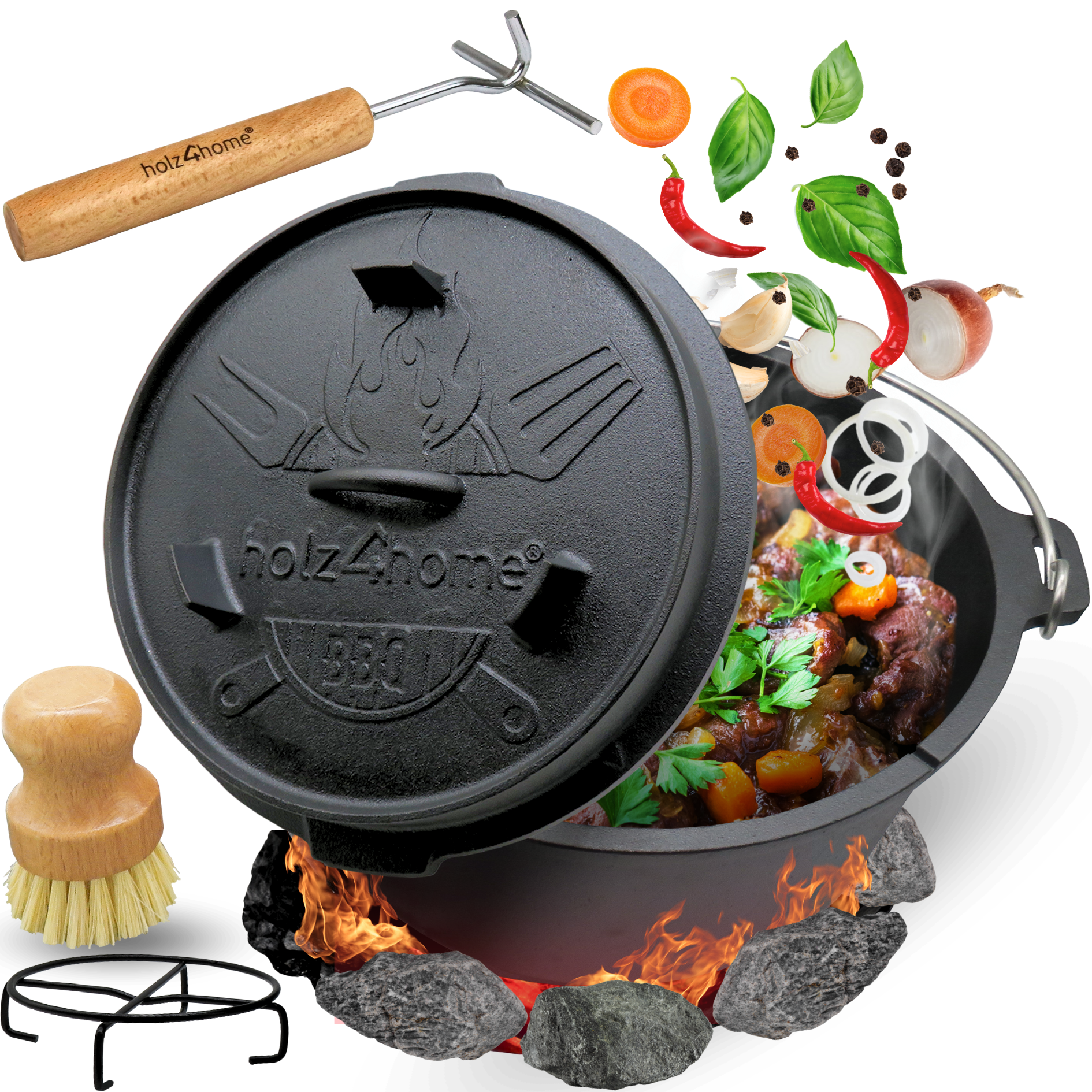Dutch Oven I eingebrannter Feuertopf aus Gusseisen I inkl. Deckelheber, Topfständer und Reinigungsbürste