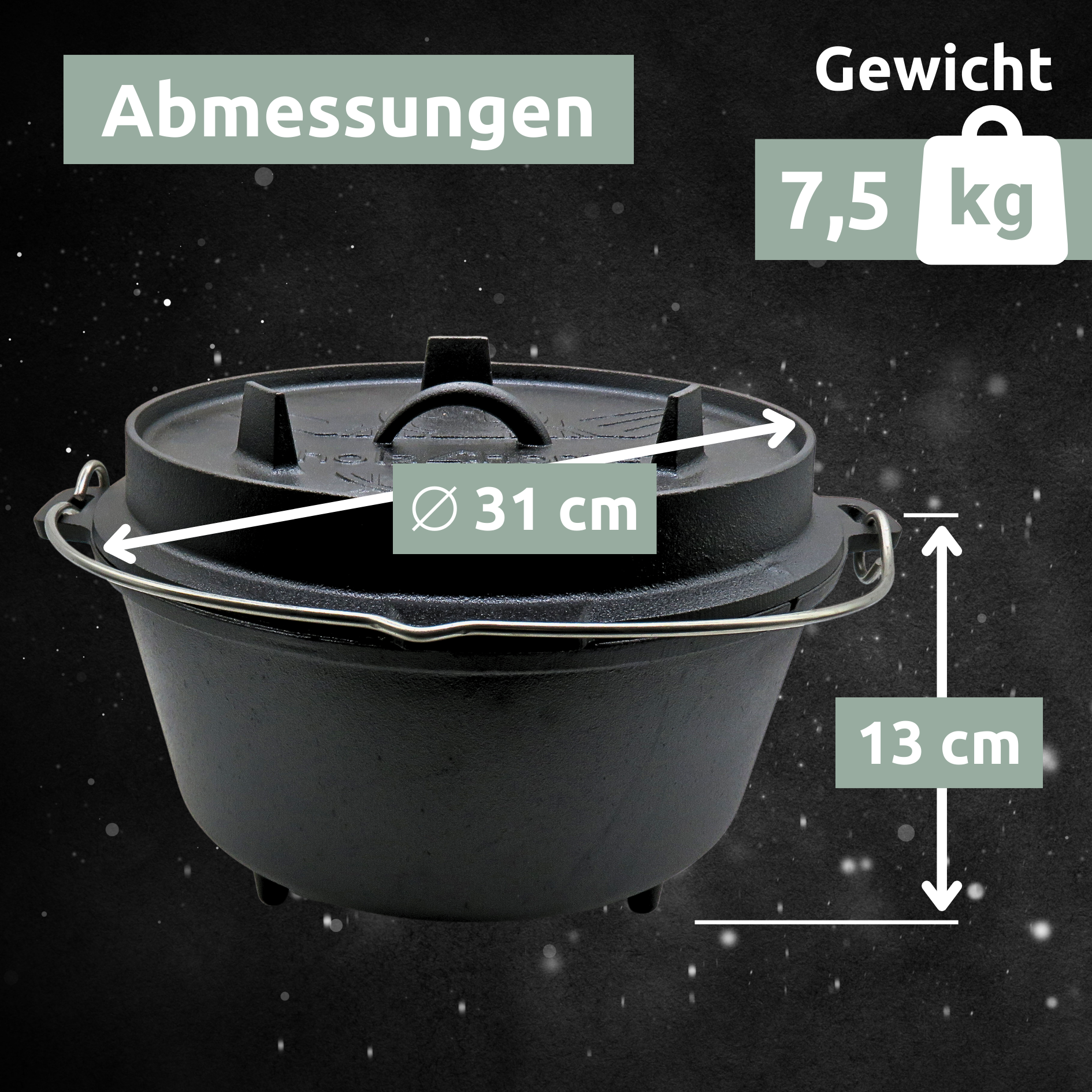 Dutch Oven I eingebrannter Feuertopf aus Gusseisen I inkl. Deckelheber, Topfständer und Reinigungsbürste