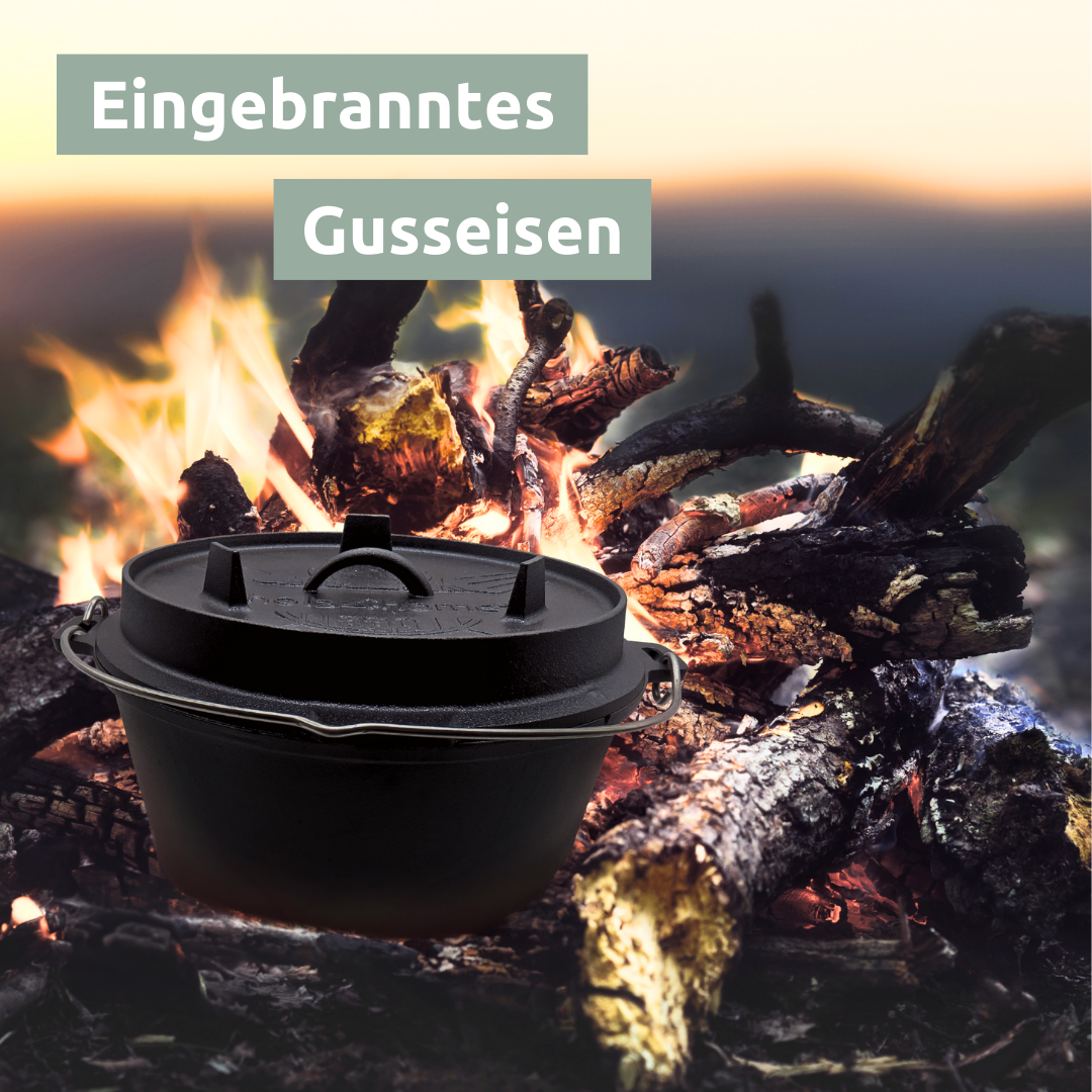 Dutch Oven I eingebrannter Feuertopf aus Gusseisen I inkl. Deckelheber, Topfständer und Reinigungsbürste