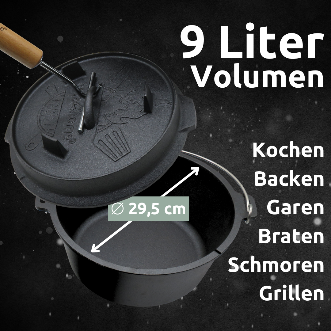 Dutch Oven I eingebrannter Feuertopf aus Gusseisen I inkl. Deckelheber, Topfständer und Reinigungsbürste