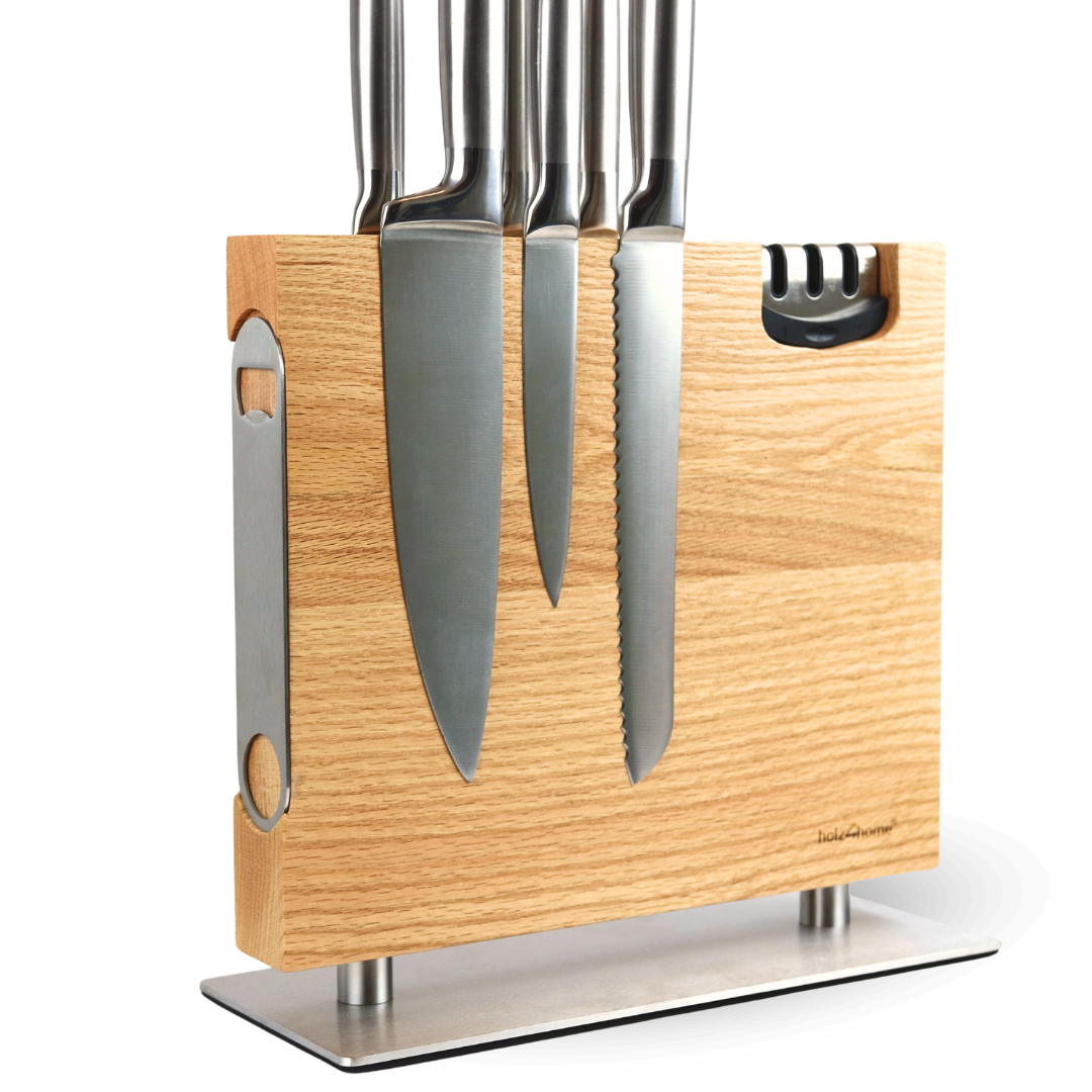 Magnetischer Messerblock aus Eichenholz - inkl. Flaschenöffner & Messerschärfer