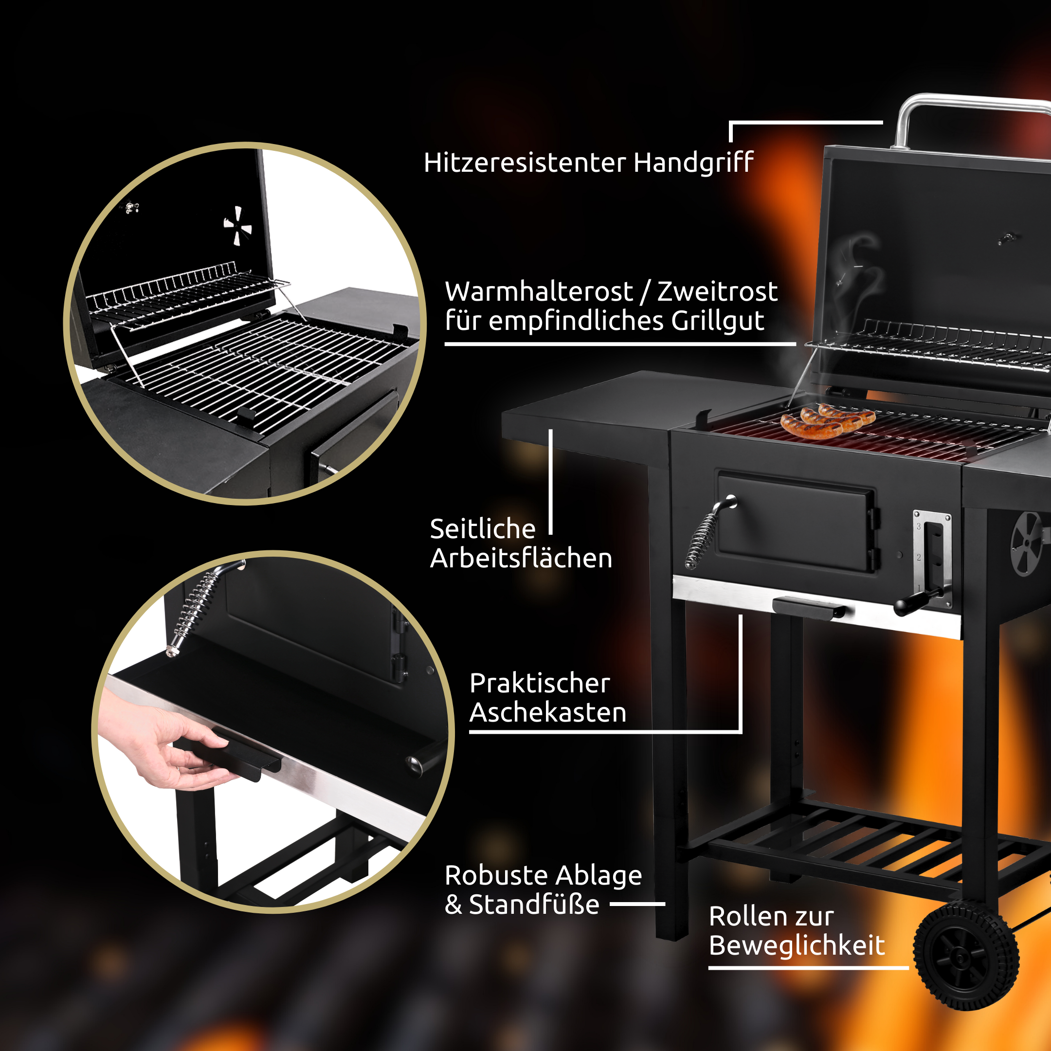 Holzkohlegrill mit Deckel. - Grillwagen I 2 Ablagen, Thermometer uvm.