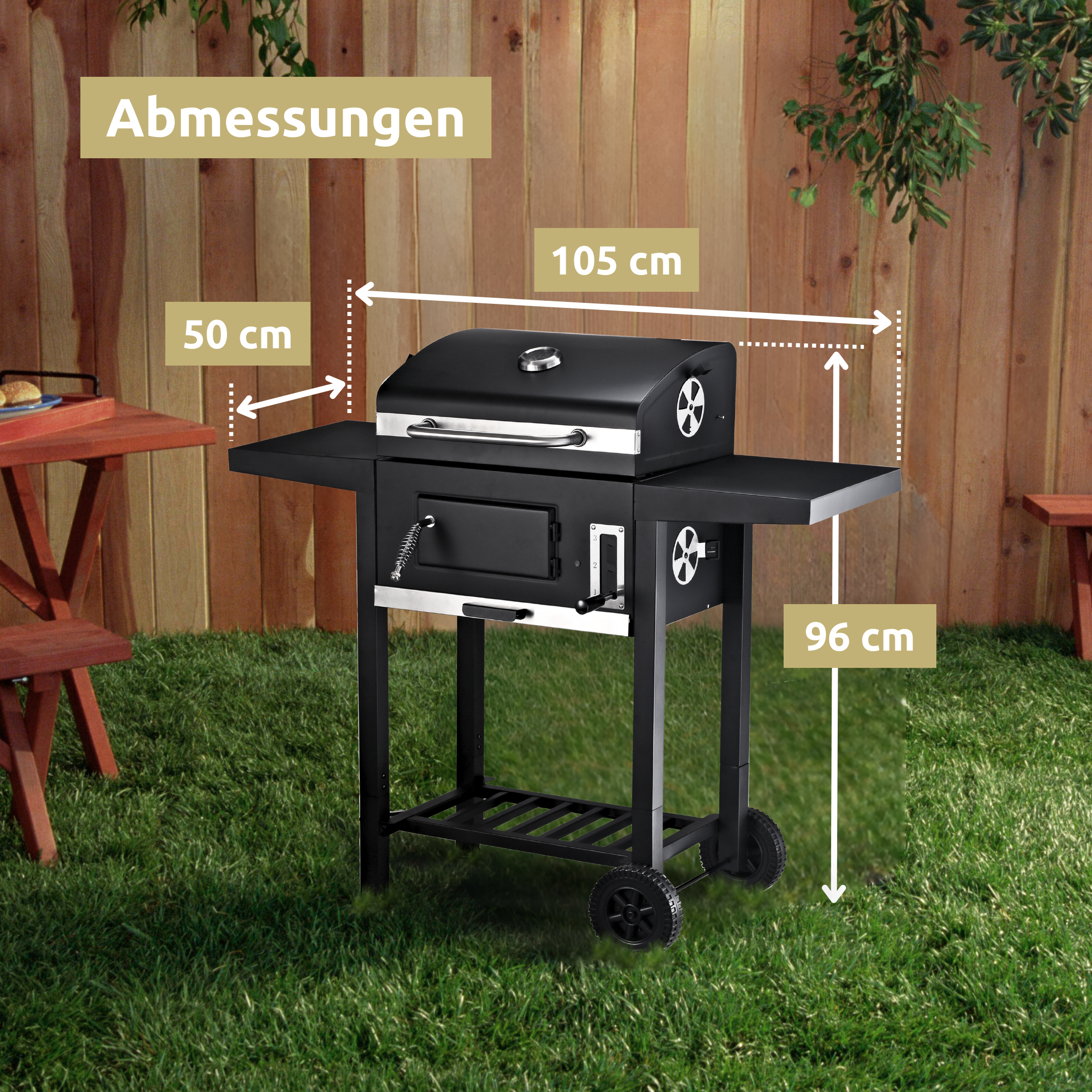 Holzkohlegrill mit Deckel. - Grillwagen I 2 Ablagen, Thermometer uvm.