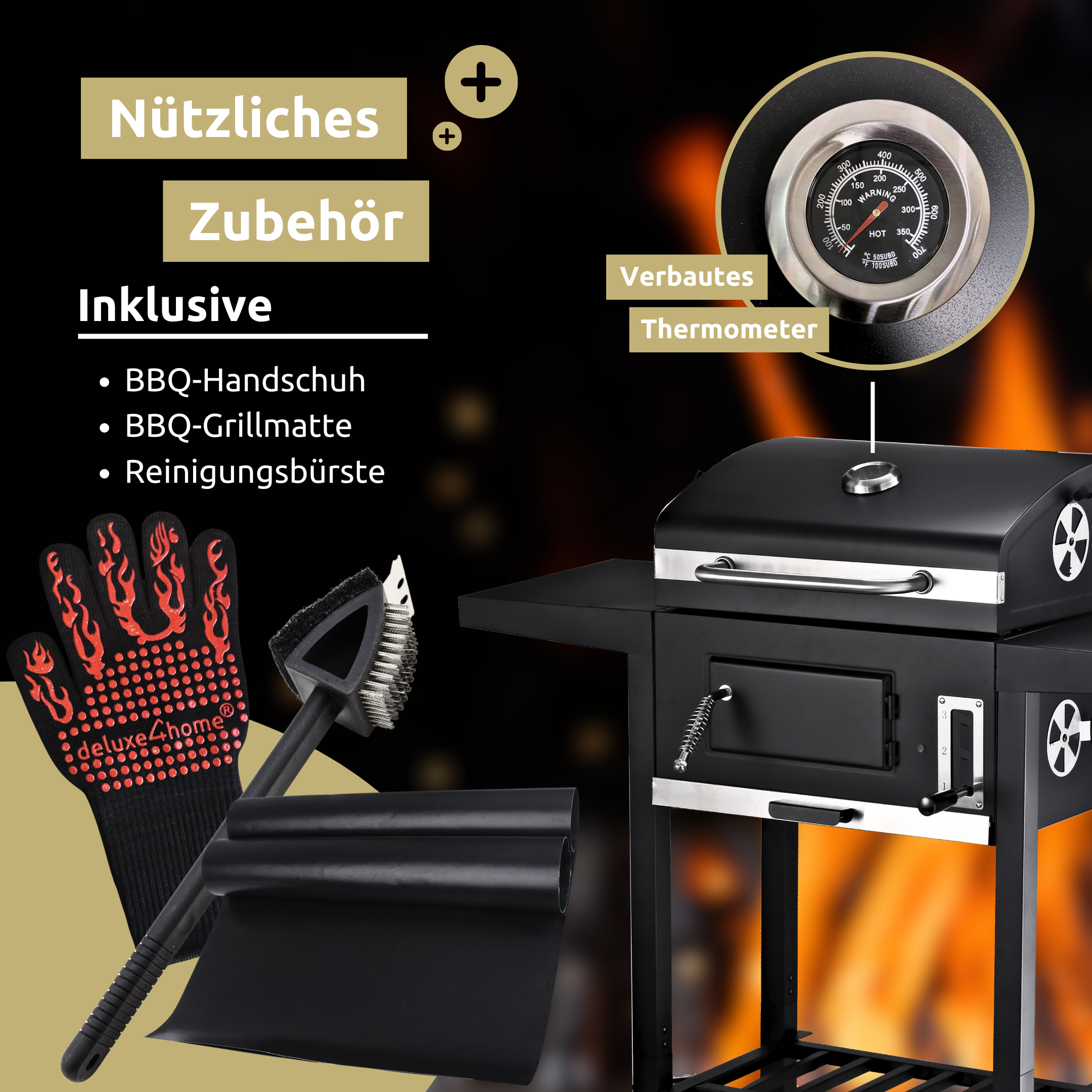 Holzkohlegrill mit Deckel. - Grillwagen I 2 Ablagen, Thermometer uvm.