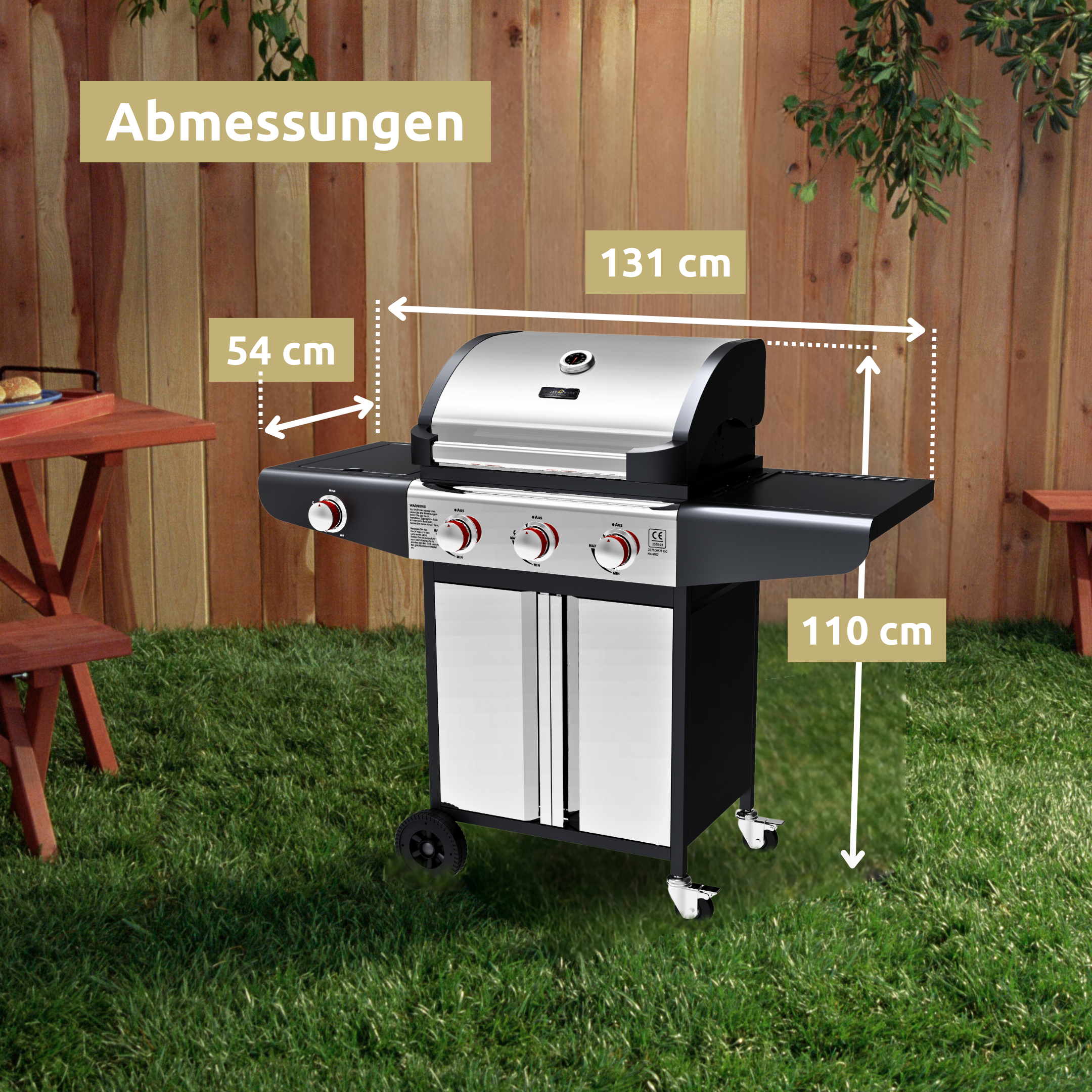 Grillwagen Gasgrill mit Deckel, 3 + 1 Seitenbrenner, Thermometer uvm.