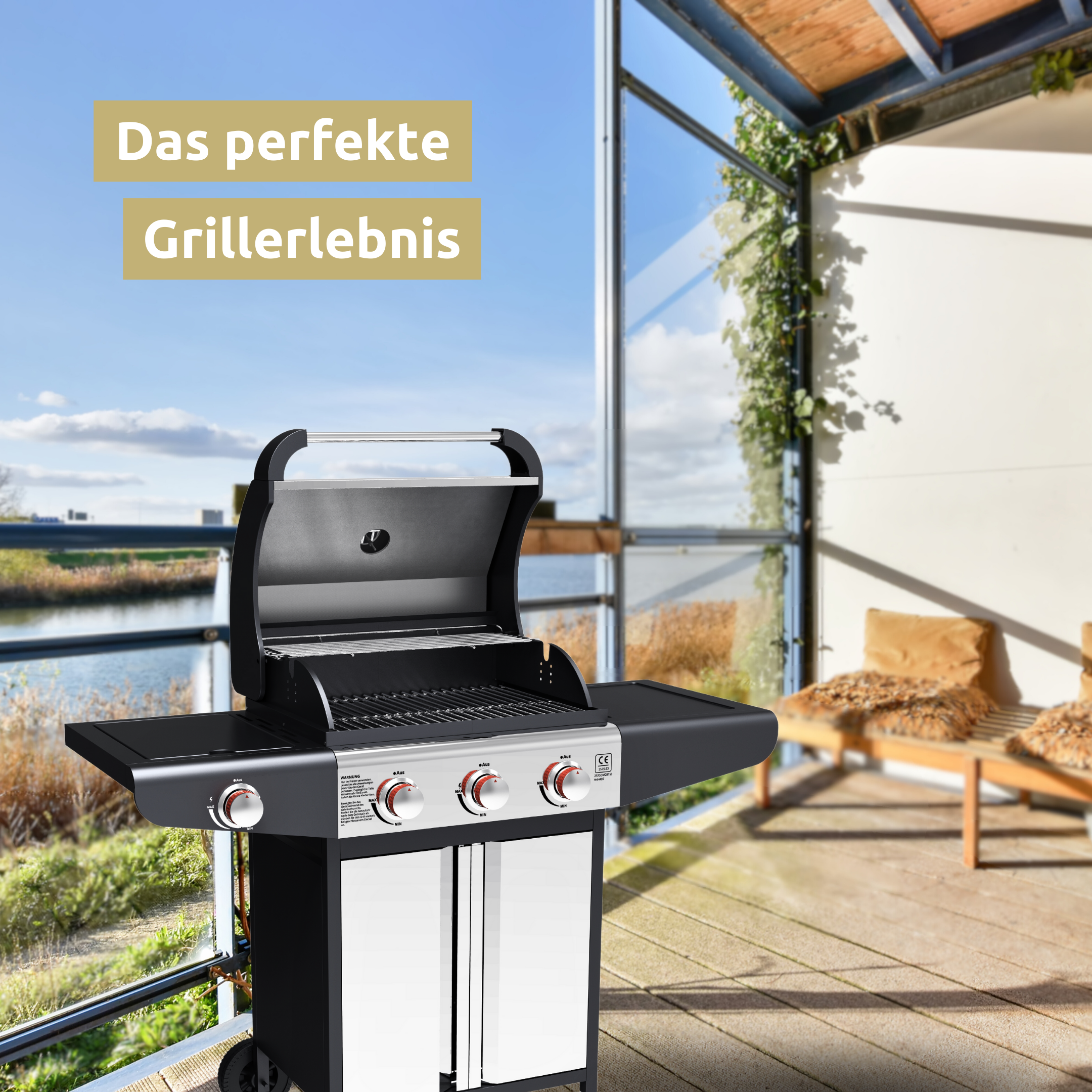 Grillwagen Gasgrill mit Deckel, 3 + 1 Seitenbrenner, Thermometer uvm.