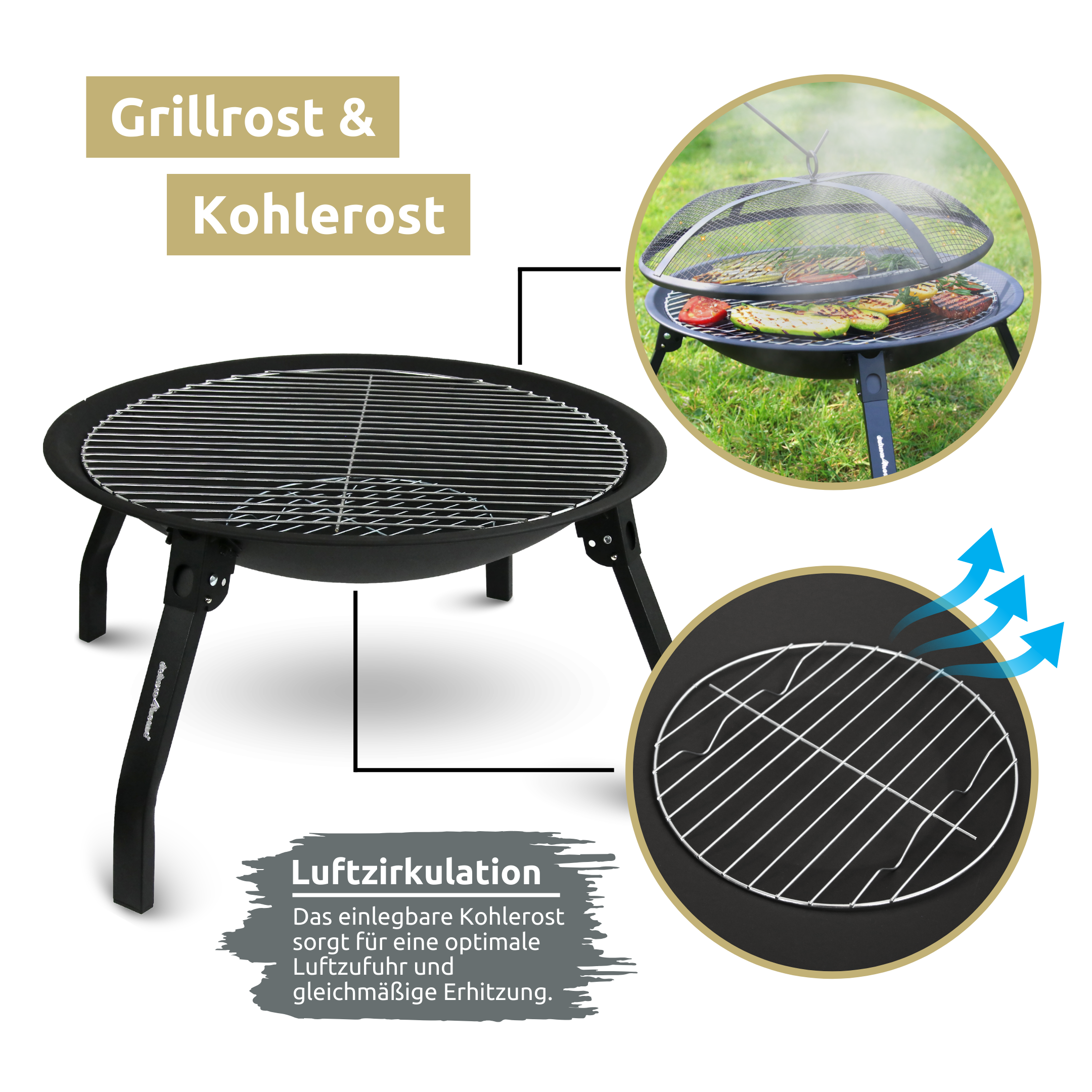 Feuerschale XL I Grillrost + Funkenschutzdeckel I 55 cm Durchmesser, schwarz