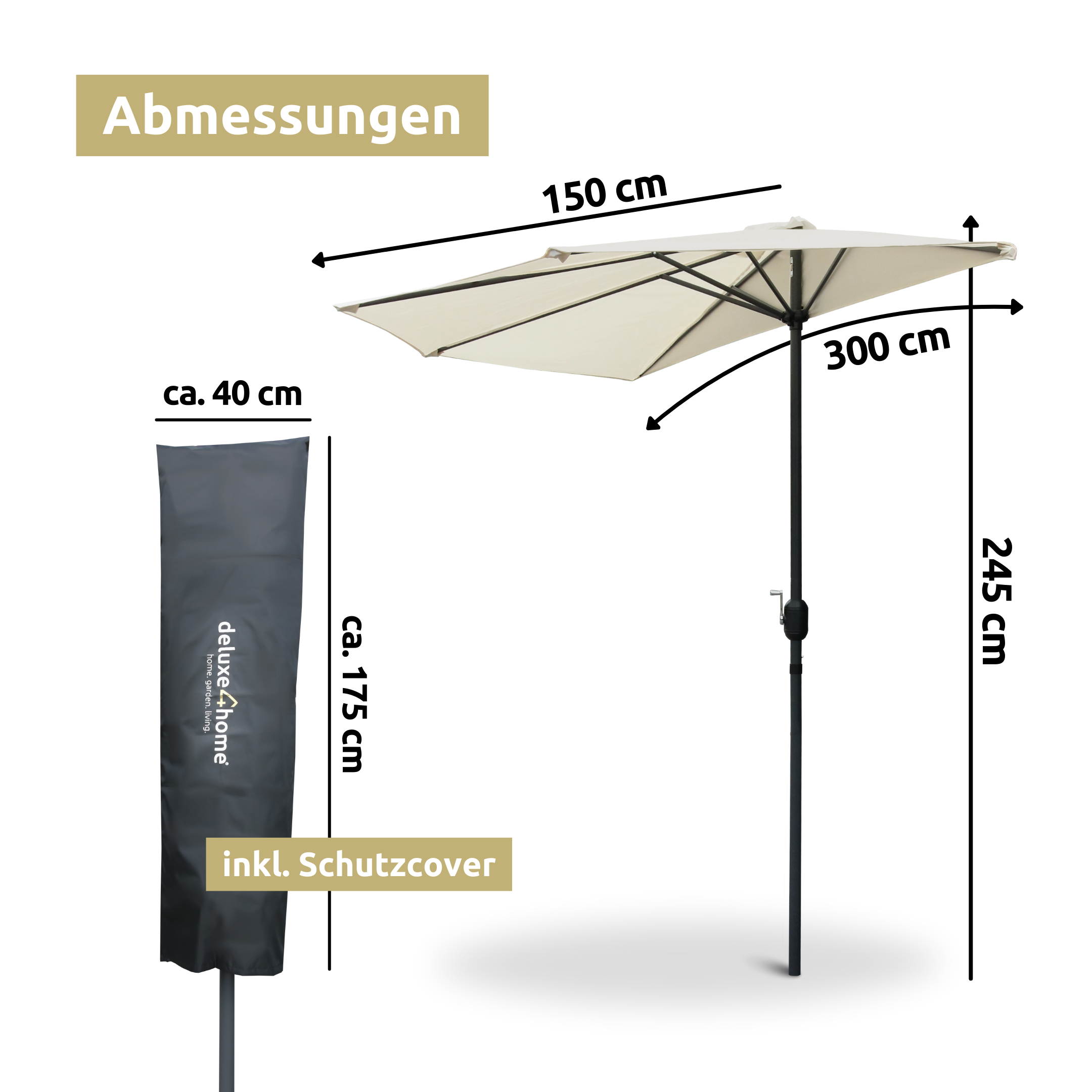 Sonnenschirm Halbrund für Balkon Terrasse Radius 150cm Creme