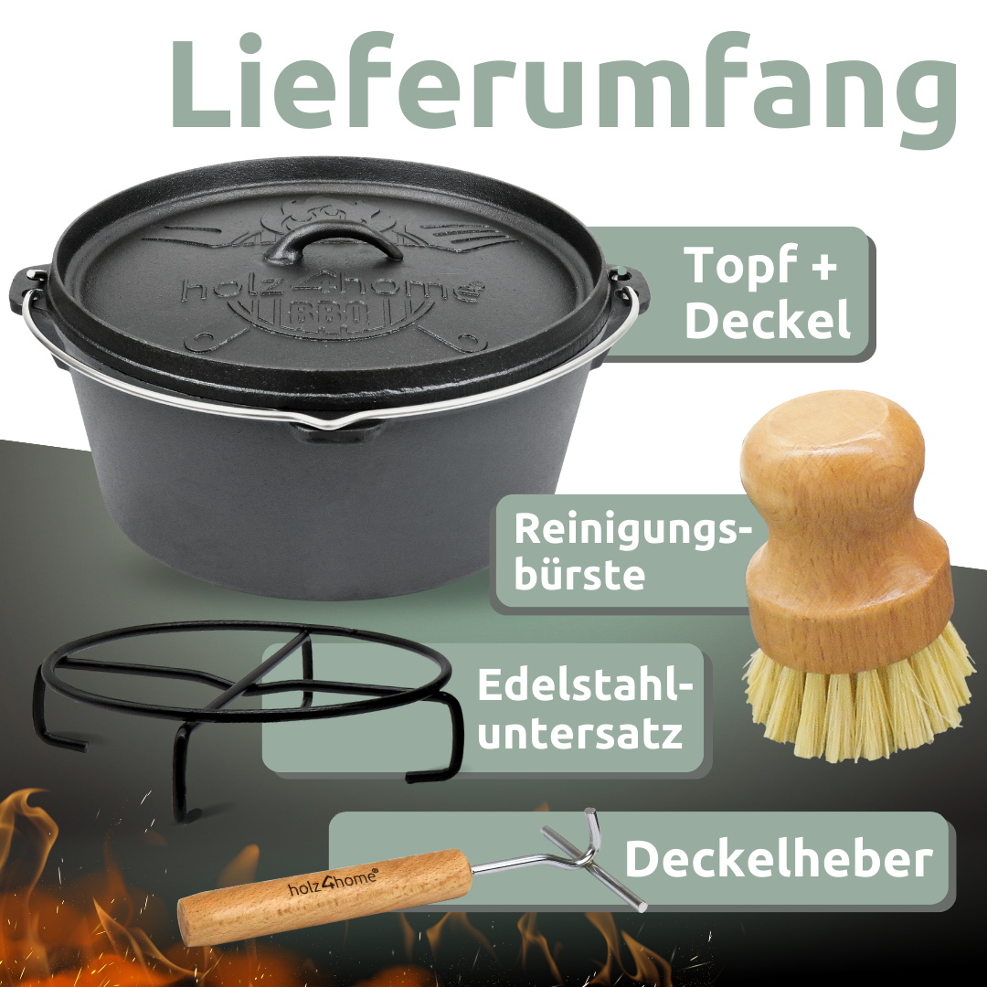 Dutch Oven ohne Füße I eingebrannter Feuertopf aus Gusseisen I inkl. Deckelheber, Topfständer und Reinigungsbürste