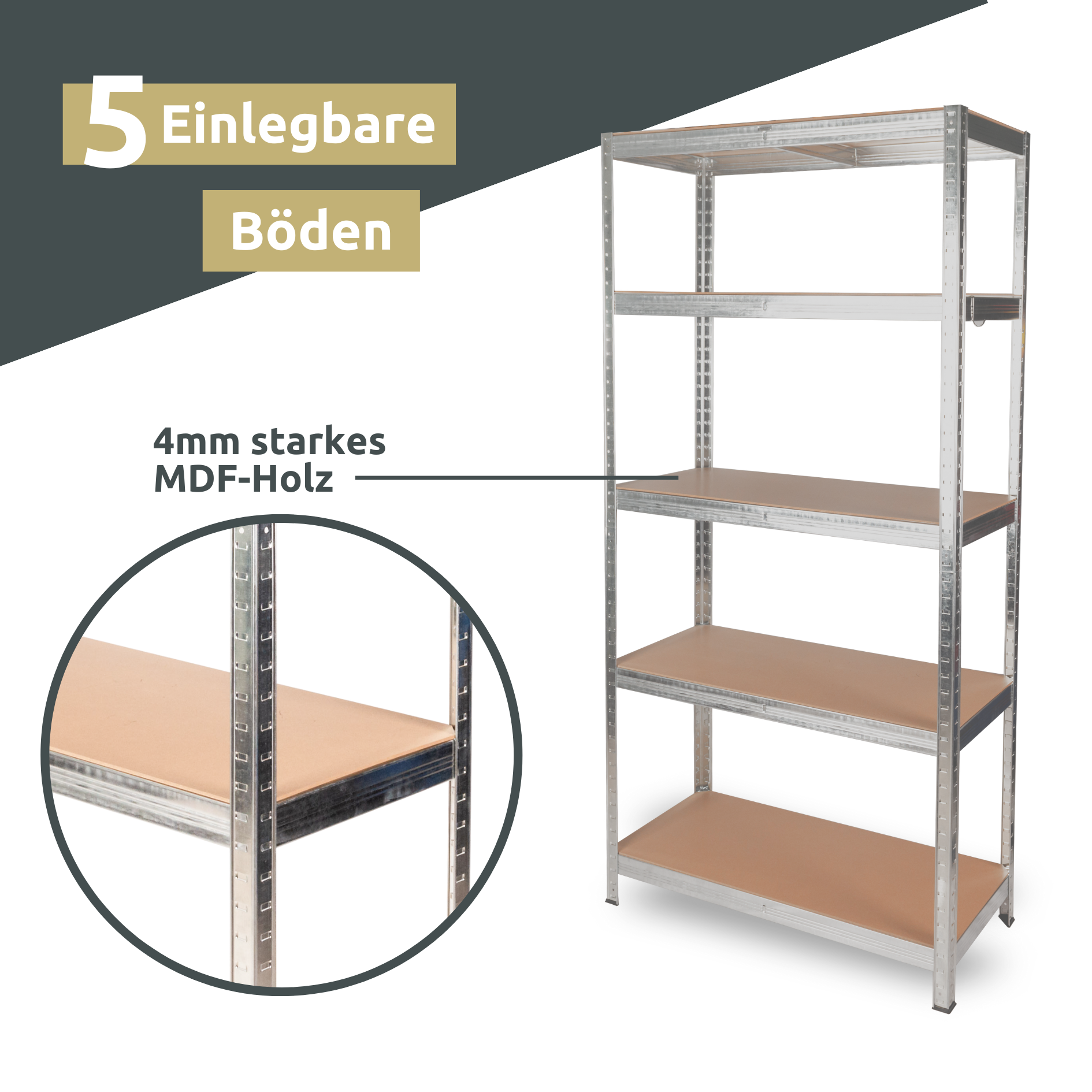 Schwerlastregal 90x40x180cm I belastbar bis 875kg I 5 Ablagen + Haken