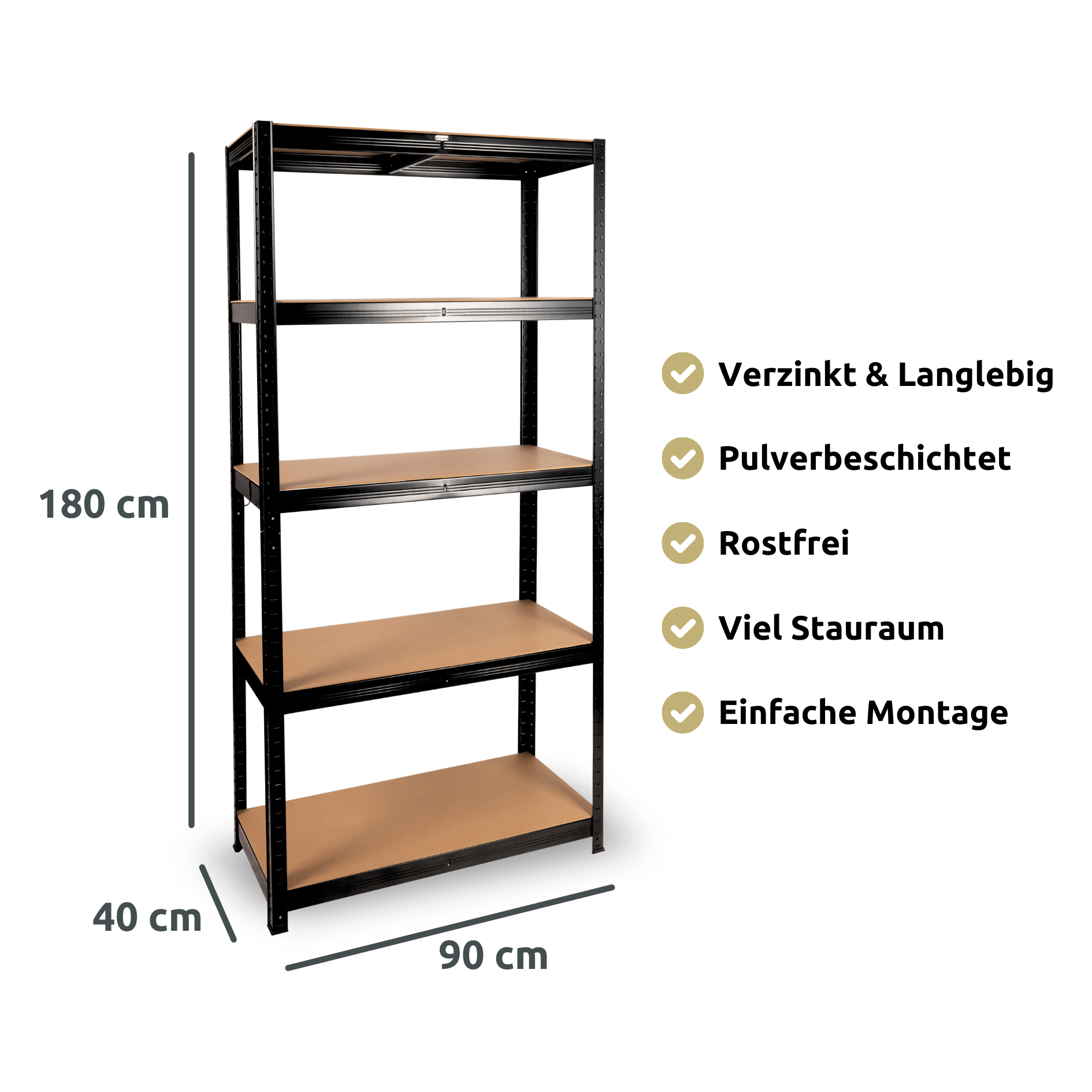 Schwerlastregal 90x40x180cm I belastbar bis 875kg I 5 Ablagen + Haken