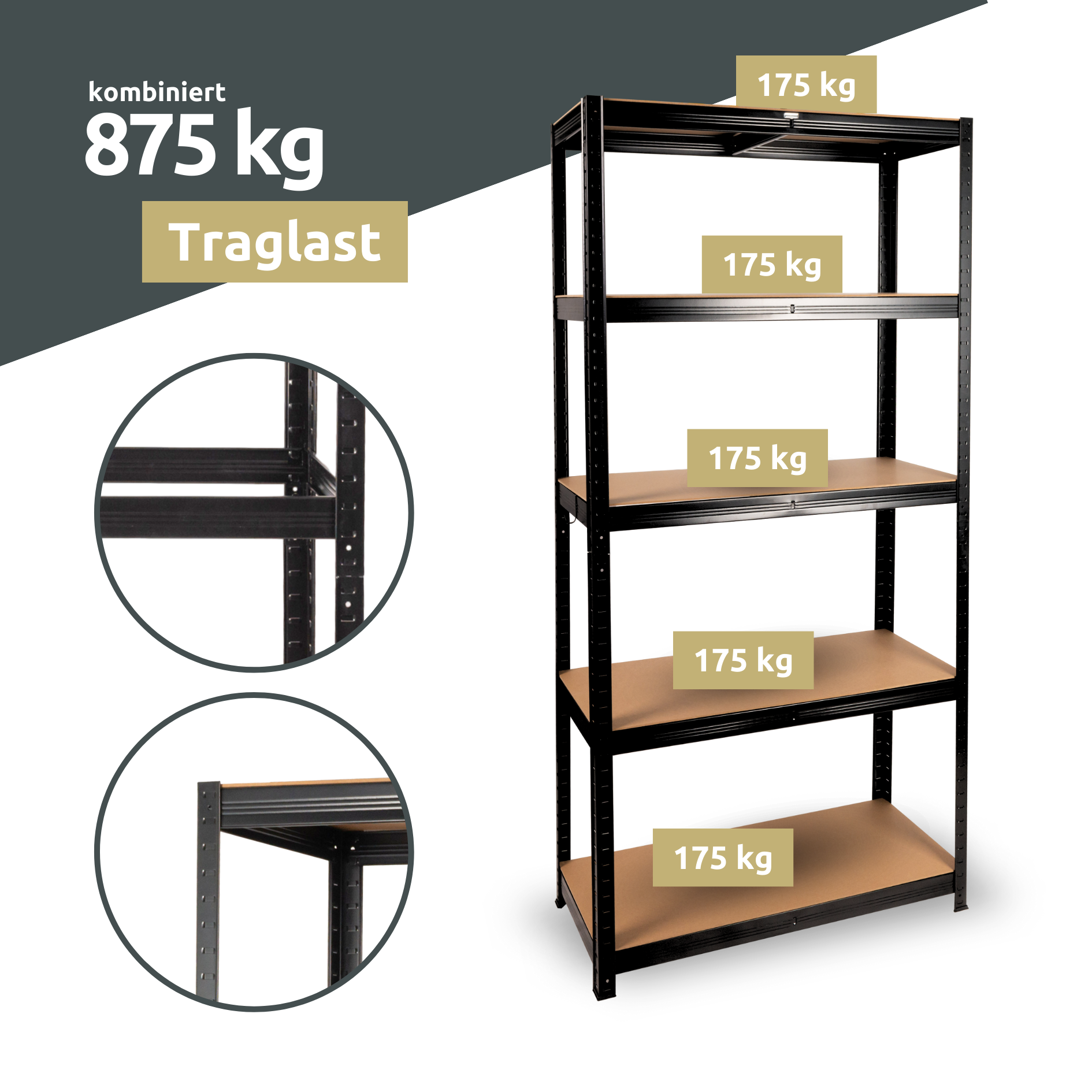 Schwerlastregal 90x40x180cm I belastbar bis 875kg I 5 Ablagen + Haken