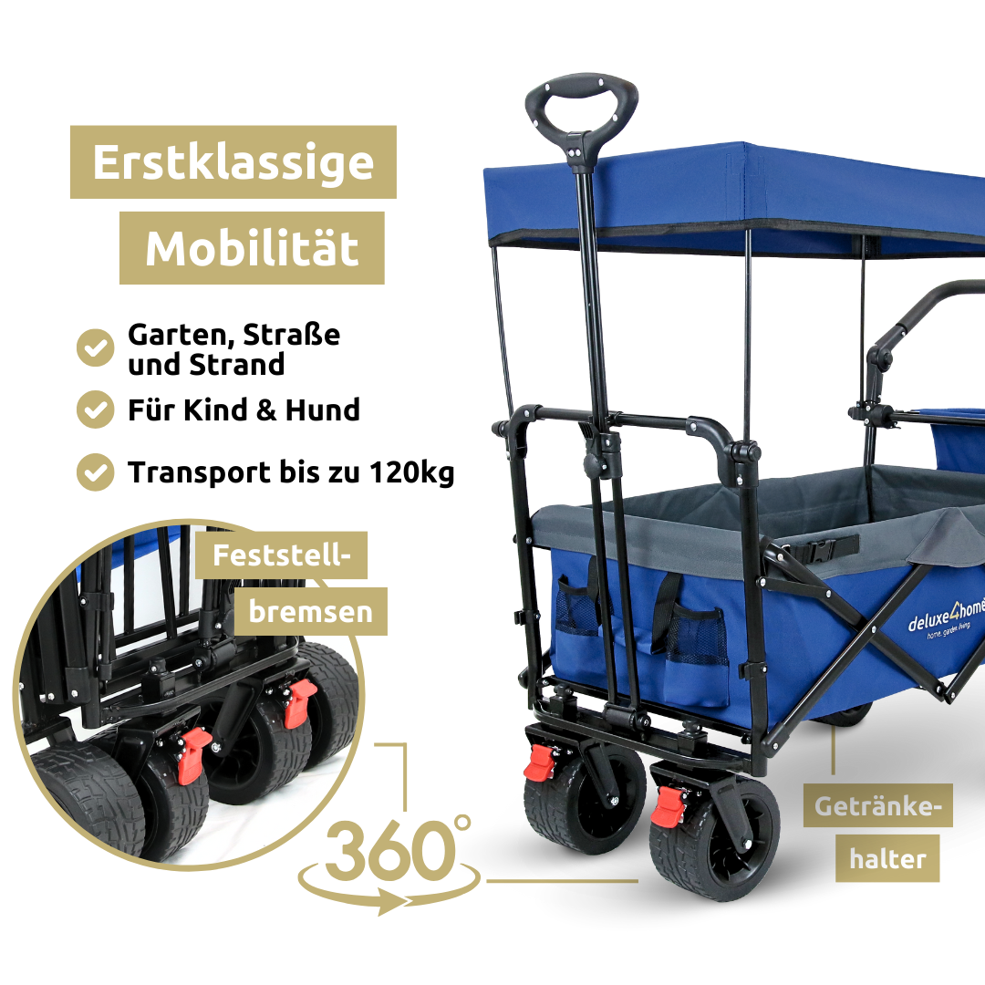 Bollerwagen faltbar mit Dach I Extra Breite Reifen