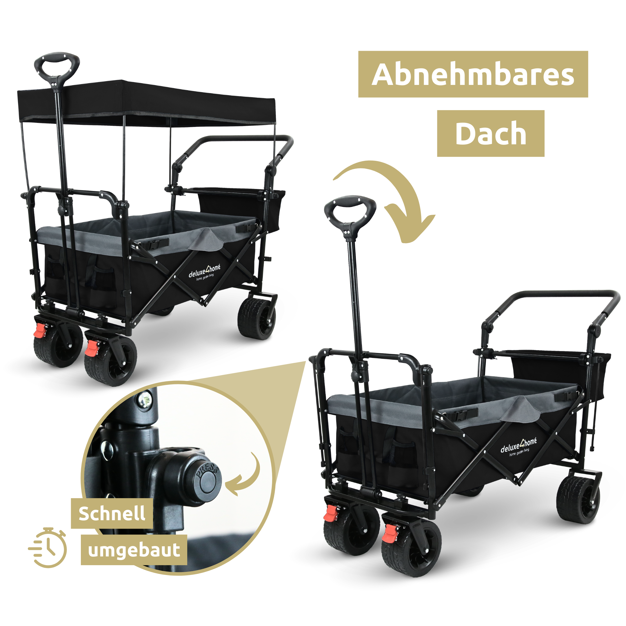 Bollerwagen faltbar mit Dach I Extra Breite Reifen