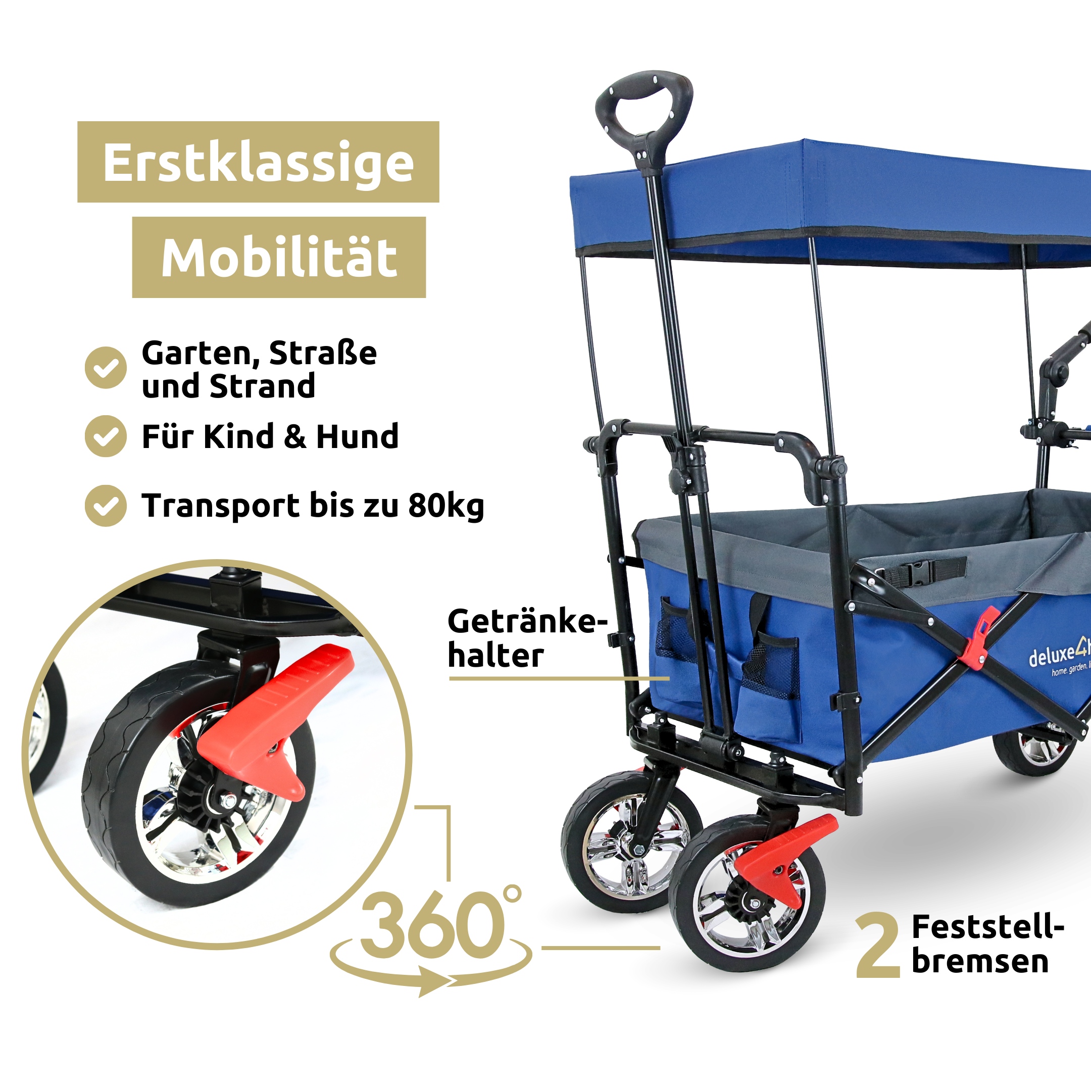 Der Bollerwagen ist für viele Untergründe geeignet: Garten, Straße und Strand. Es lassen sich bis zu 80 Kilogramm mit dem Bollerwagen transportieren.