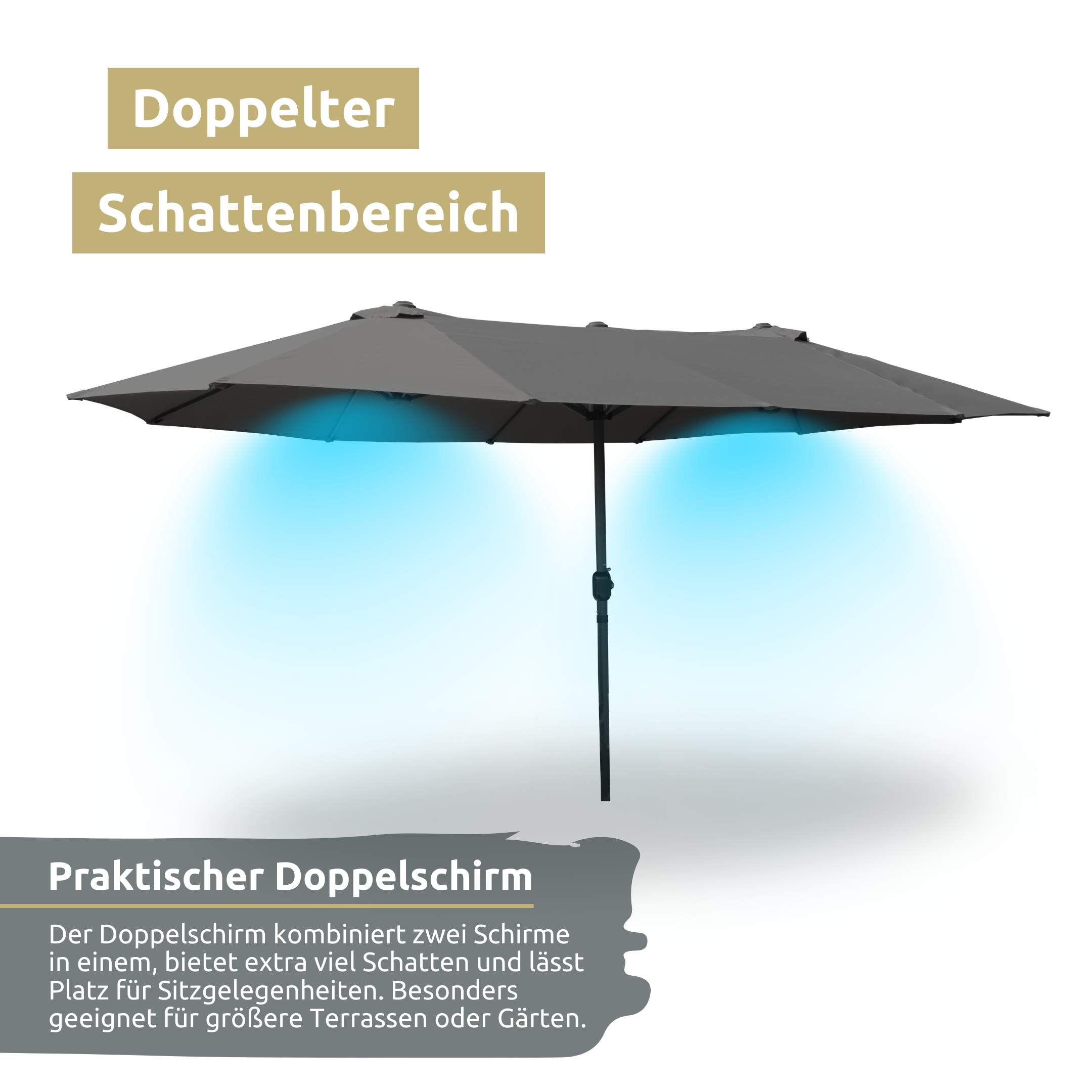 XXL Doppelsonnenschirm 450cm x 260cm mit Handkurbel