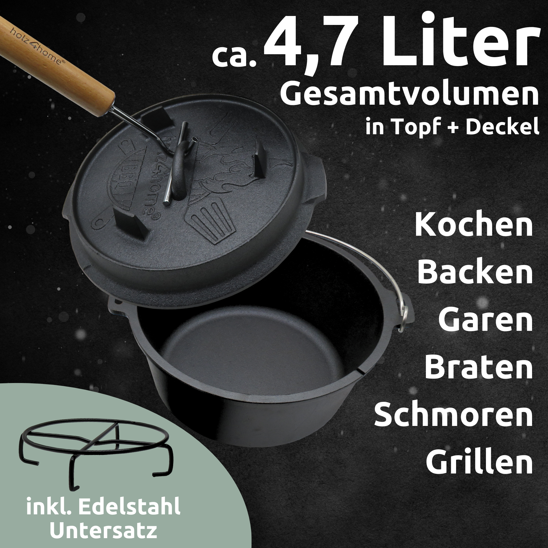 Dutch Oven Set 9-teilig in Holzkiste I 4,7L Feuertopf Viel Zubehör: kleiner Topf, Grillplatte, Pfanne, Handschuhe uvm.