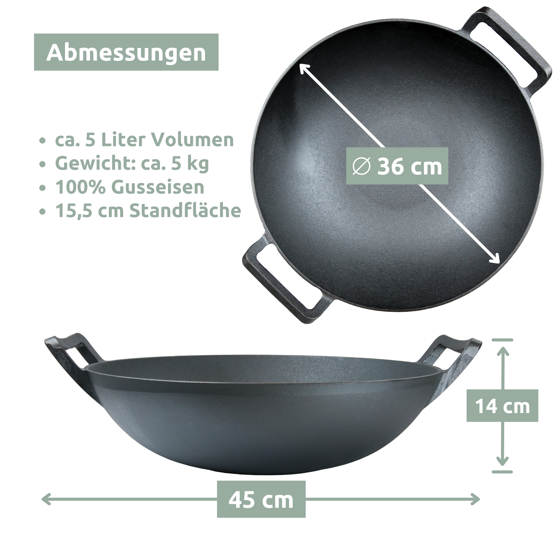 Wok aus Gusseisen Ø 36 cm I abgeflachter Boden