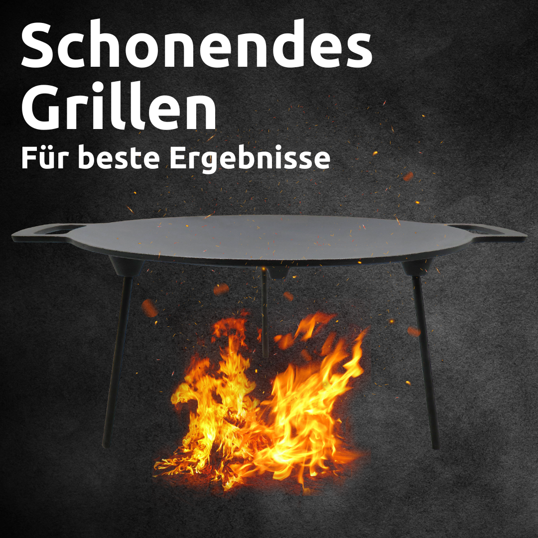 Grillplatte aus Gusseisen Ø44cm rund I Grillpfanne Dreibein