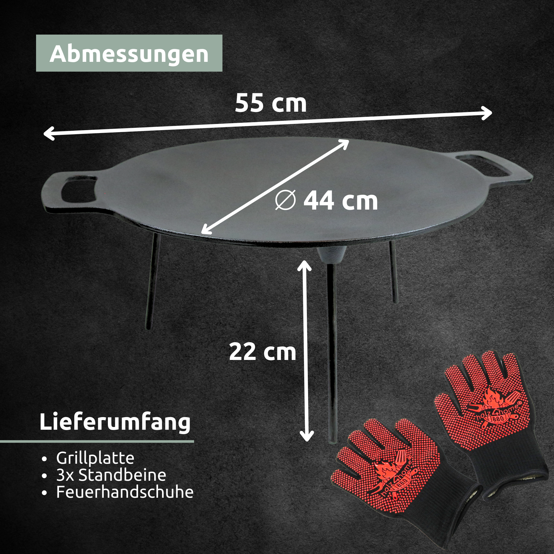 Grillplatte aus Gusseisen Ø44cm rund I Grillpfanne Dreibein