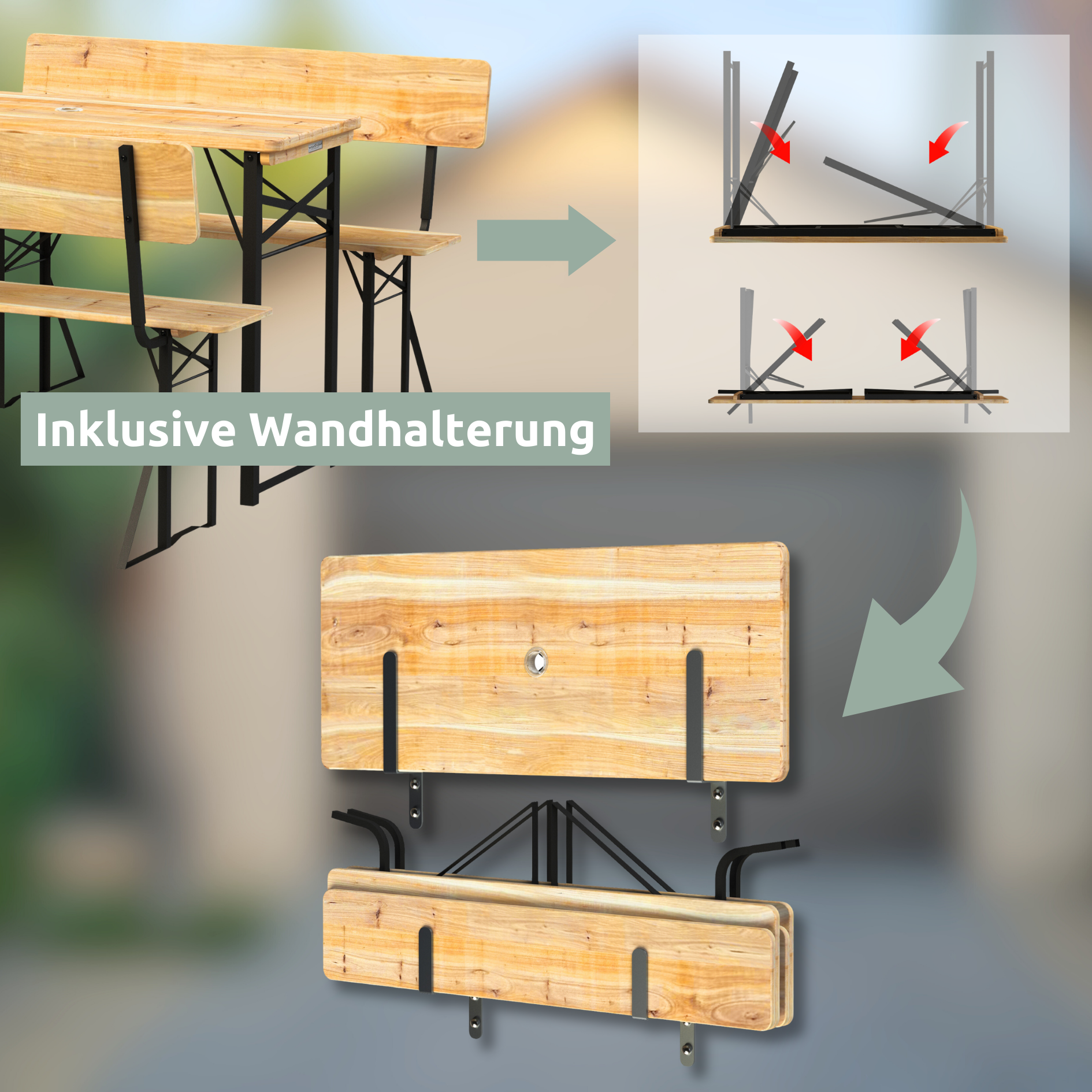 Bierzeltgarnitur - mehrteilig & klappbar inkl. Wandhalterung